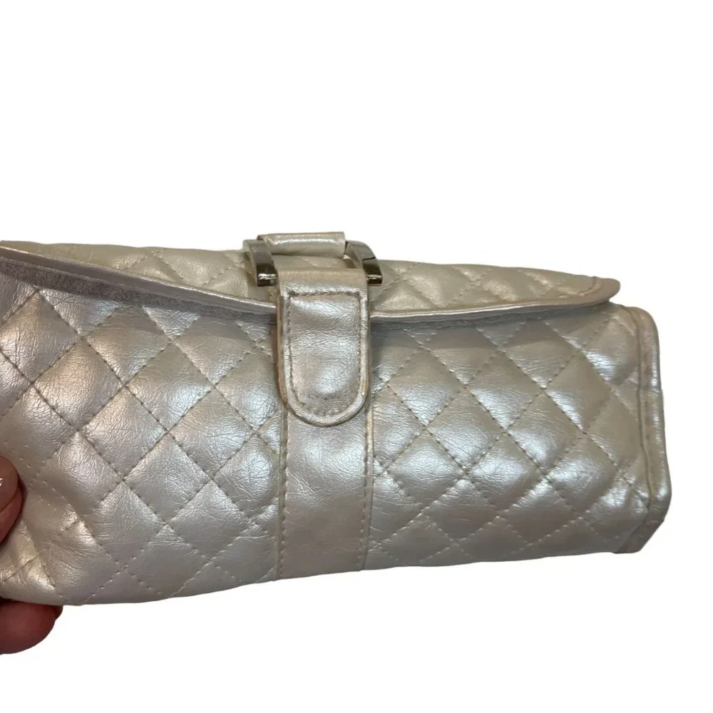 Make-Up Brush Roll Pearlized White Quilted Tri-fold, Holds up to 7 brushes